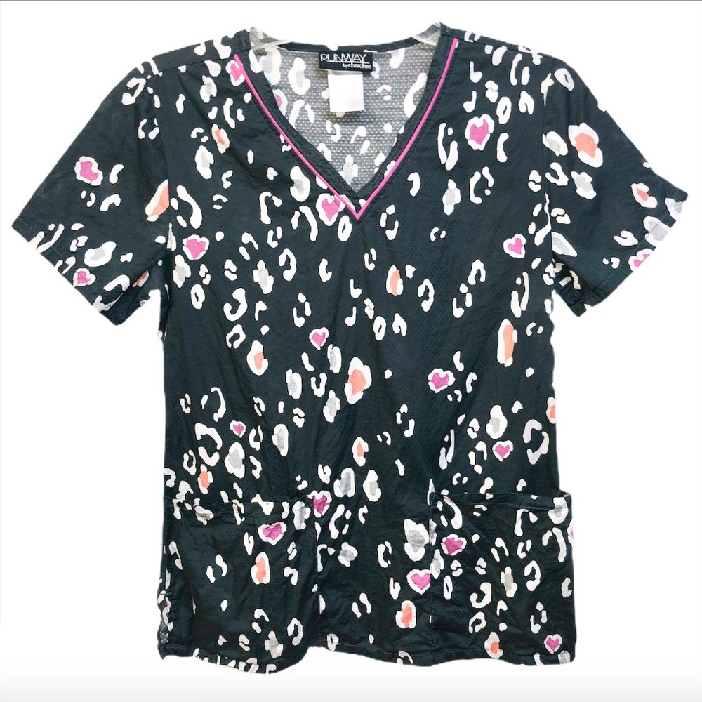 Cherokee Runway Scrub Shirt Small Gray Pink White